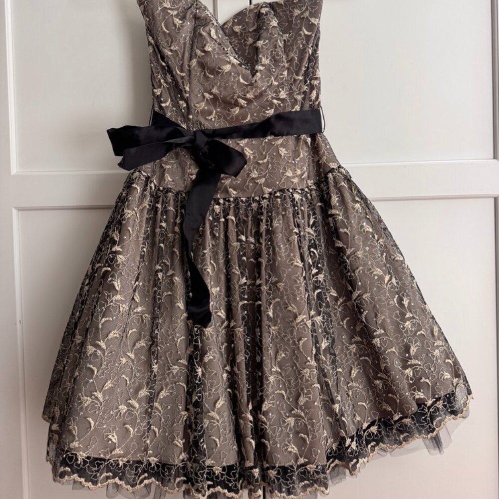 Jessica McClintock Gold Strapless Lace Party Dress - Black Tulle